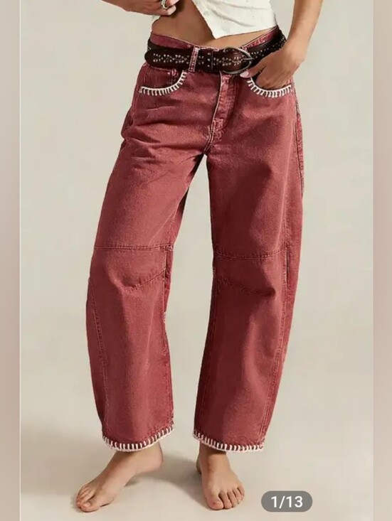 Flamingals Denim - Flamingals Contrast Stitch Mid Rise Barrel Leg Pants NWT Large